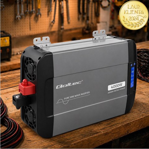 Qoltec Przetwornica napięcia Pure Sine Wave | 12V na 230V | 2000/4000W | LCD | USB | USB-C | Kompatybilna z LiFePO4 GEL AGM