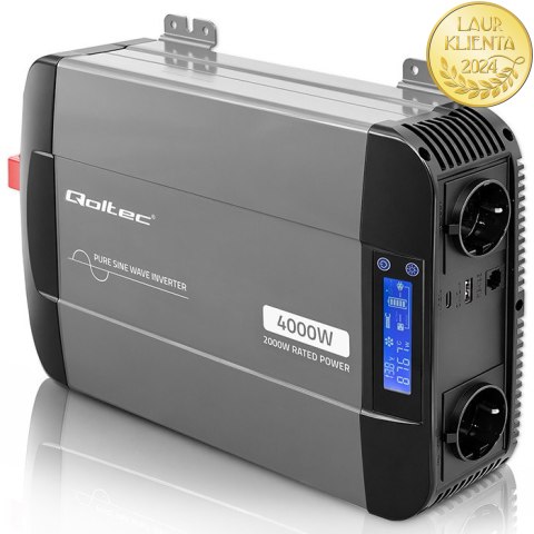 Qoltec Przetwornica napięcia Pure Sine Wave | 12V na 230V | 2000/4000W | LCD | USB | USB-C | Kompatybilna z LiFePO4 GEL AGM