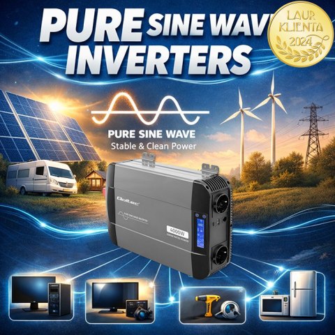 Qoltec Przetwornica napięcia Pure Sine Wave | 12V na 230V | 2000/4000W | LCD | USB | USB-C | Kompatybilna z LiFePO4 GEL AGM