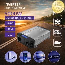 Qoltec Przetwornica napięcia Pure Sine Wave | 12V na 230V | 2500/5000W | LCD | USB | USB-C | Kompatybilna z LiFePO4 GEL AGM