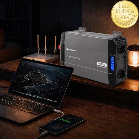 Qoltec Przetwornica napięcia Pure Sine Wave | 12V na 230V | 2500/5000W | LCD | USB | USB-C | Kompatybilna z LiFePO4 GEL AGM