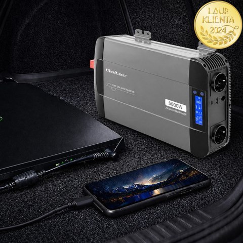 Qoltec Przetwornica napięcia Pure Sine Wave | 12V na 230V | 2500/5000W | LCD | USB | USB-C | Kompatybilna z LiFePO4 GEL AGM