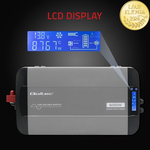 Qoltec Przetwornica napięcia Pure Sine Wave | 12V na 230V | 3000/6000W | LCD | USB | USB-C | Kompatybilna z LiFePO4 GEL AGM