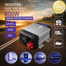 Qoltec Przetwornica napięcia Pure Sine Wave | 12V na 230V | 300/600W | LCD | USB | USB-C | Kompatybilna z LiFePO4 GEL AGM