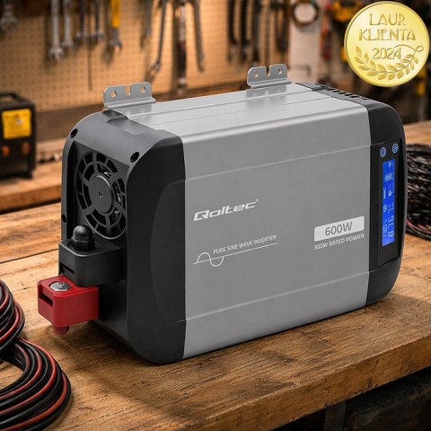 Qoltec Przetwornica napięcia Pure Sine Wave | 12V na 230V | 300/600W | LCD | USB | USB-C | Kompatybilna z LiFePO4 GEL AGM