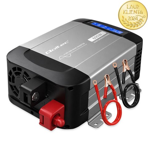 Qoltec Przetwornica napięcia Pure Sine Wave | 12V na 230V | 300/600W | LCD | USB | USB-C | Kompatybilna z LiFePO4 GEL AGM