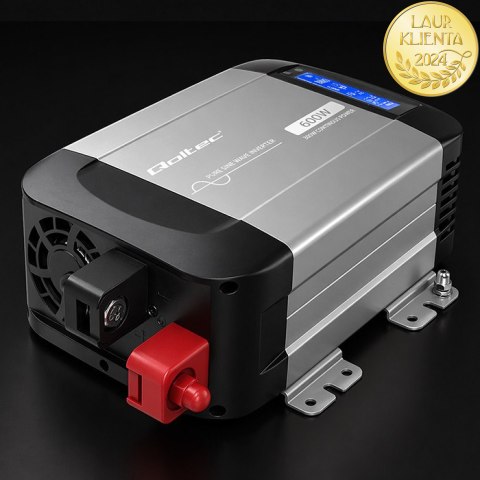 Qoltec Przetwornica napięcia Pure Sine Wave | 12V na 230V | 300/600W | LCD | USB | USB-C | Kompatybilna z LiFePO4 GEL AGM