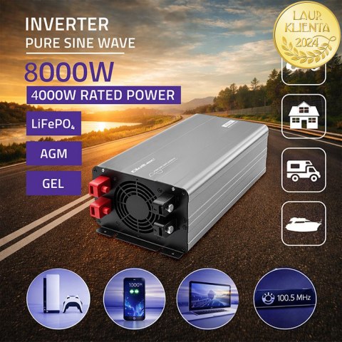Qoltec Przetwornica napięcia Pure Sine Wave | 12V na 230V | 4000/8000W | USB | Kompatybilna z LiFePO4 GEL AGM