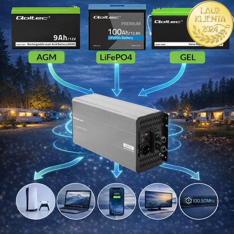 Qoltec Przetwornica napięcia Pure Sine Wave | 12V na 230V | 4000/8000W | USB | Kompatybilna z LiFePO4 GEL AGM