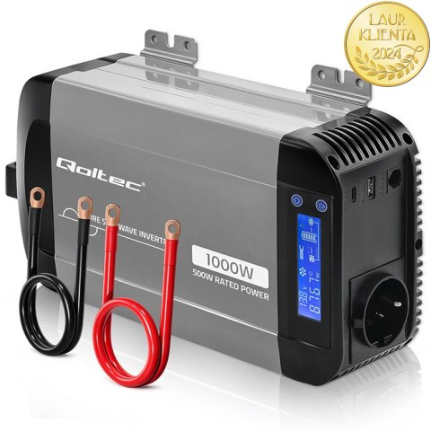 Qoltec Przetwornica napięcia Pure Sine Wave | 12V na 230V | 500/1000W | LCD | USB | USB-C | Kompatibilność z LiFePo4 GEL AGM