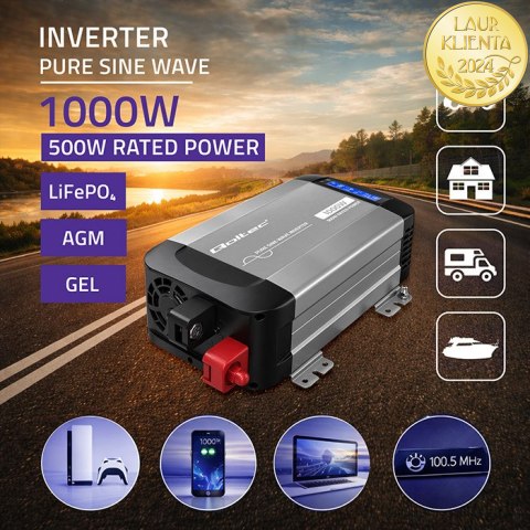 Qoltec Przetwornica napięcia Pure Sine Wave | 12V na 230V | 500/1000W | LCD | USB | USB-C | Kompatibilność z LiFePo4 GEL AGM