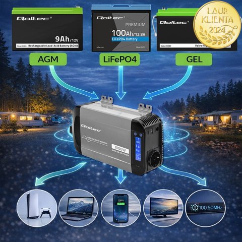 Qoltec Przetwornica napięcia Pure Sine Wave | 12V na 230V | 500/1000W | LCD | USB | USB-C | Kompatibilność z LiFePo4 GEL AGM