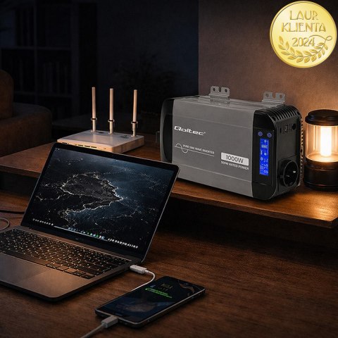 Qoltec Przetwornica napięcia Pure Sine Wave | 12V na 230V | 500/1000W | LCD | USB | USB-C | Kompatibilność z LiFePo4 GEL AGM