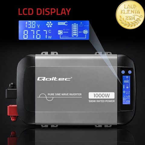 Qoltec Przetwornica napięcia Pure Sine Wave | 12V na 230V | 500/1000W | LCD | USB | USB-C | Kompatibilność z LiFePo4 GEL AGM