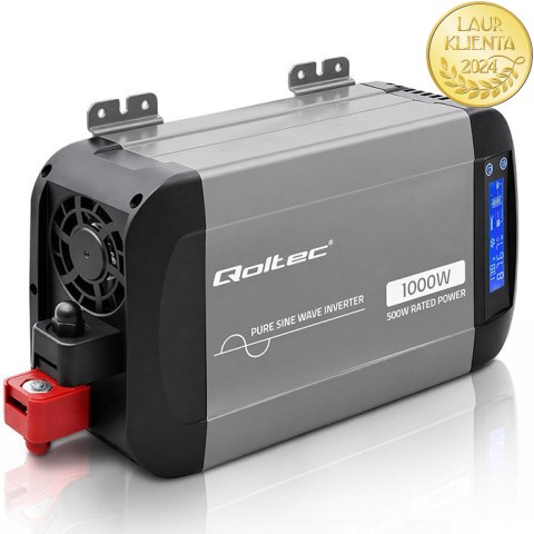 Qoltec Przetwornica napięcia Pure Sine Wave | 12V na 230V | 500/1000W | LCD | USB | USB-C | Kompatibilność z LiFePo4 GEL AGM
