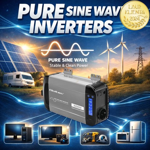 Qoltec Przetwornica napięcia Pure Sine Wave | 12V na 230V | 500/1000W | LCD | USB | USB-C | Kompatibilność z LiFePo4 GEL AGM