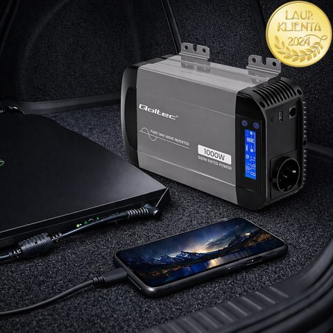 Qoltec Przetwornica napięcia Pure Sine Wave | 12V na 230V | 500/1000W | LCD | USB | USB-C | Kompatibilność z LiFePo4 GEL AGM
