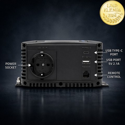 Qoltec Przetwornica napięcia Pure Sine Wave | 12V na 230V | 500/1000W | LCD | USB | USB-C | Kompatibilność z LiFePo4 GEL AGM