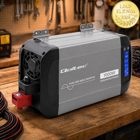 Qoltec Przetwornica napięcia Pure Sine Wave | 12V na 230V | 500/1000W | LCD | USB | USB-C | Kompatibilność z LiFePo4 GEL AGM
