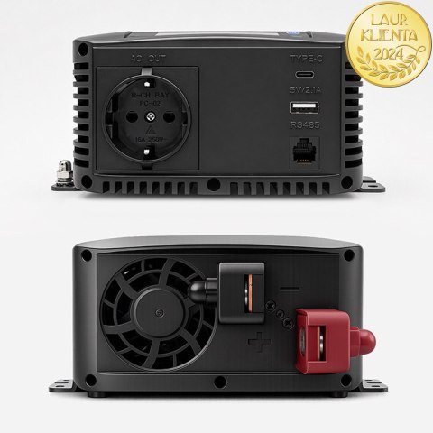 Qoltec Przetwornica napięcia Pure Sine Wave | 12V na 230V | 500/1000W | LCD | USB | USB-C | Kompatibilność z LiFePo4 GEL AGM