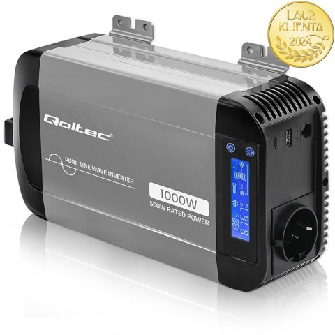 Qoltec Przetwornica napięcia Pure Sine Wave | 12V na 230V | 500/1000W | LCD | USB | USB-C | Kompatibilność z LiFePo4 GEL AGM