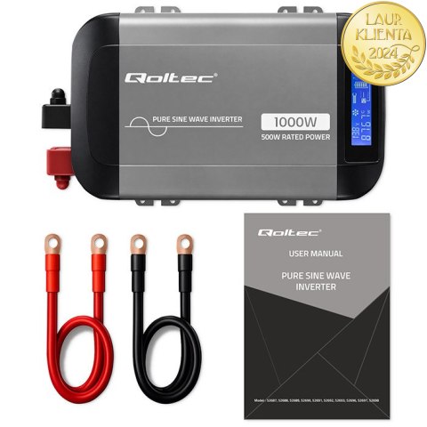 Qoltec Przetwornica napięcia Pure Sine Wave | 12V na 230V | 500/1000W | LCD | USB | USB-C | Kompatibilność z LiFePo4 GEL AGM