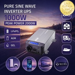 Qoltec Przetwornica napięcia Pure Sine Wave | 12V na 230V | 1000/2000W | UPS BYPASS | LCD | USB | USB-C | Kompatybilna z LiFePO4