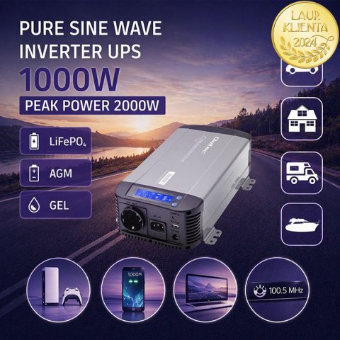 Qoltec Przetwornica napięcia Pure Sine Wave | 12V na 230V | 1000/2000W | UPS BYPASS | LCD | USB | USB-C | Kompatybilna z LiFePO4