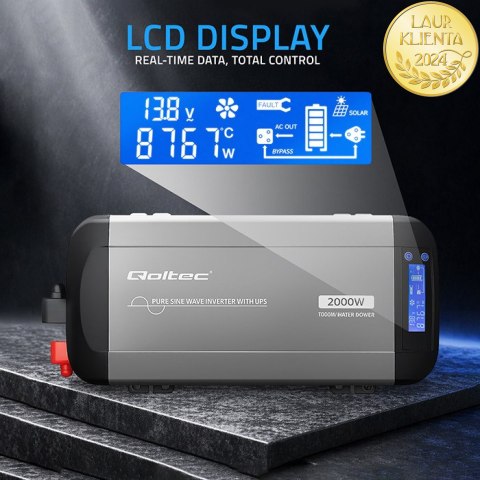 Qoltec Przetwornica napięcia Pure Sine Wave | 12V na 230V | 1000/2000W | UPS BYPASS | LCD | USB | USB-C | Kompatybilna z LiFePO4