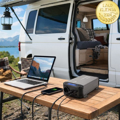 Qoltec Przetwornica napięcia Pure Sine Wave | 12V na 230V | 1000/2000W | UPS BYPASS | LCD | USB | USB-C | Kompatybilna z LiFePO4