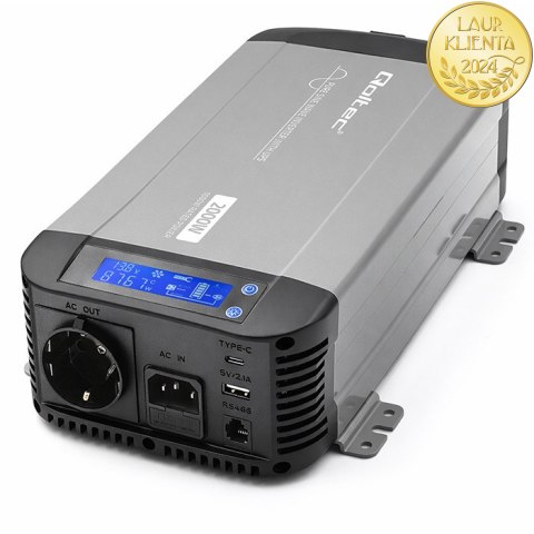Qoltec Przetwornica napięcia Pure Sine Wave | 12V na 230V | 1000/2000W | UPS BYPASS | LCD | USB | USB-C | Kompatybilna z LiFePO4