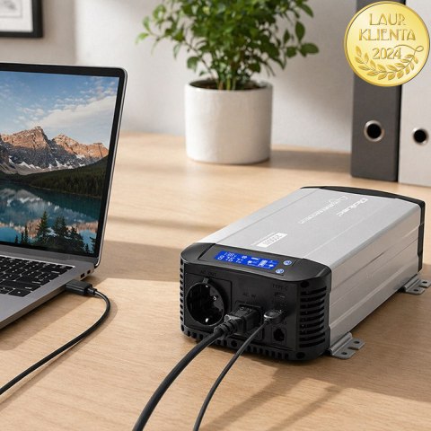 Qoltec Przetwornica napięcia Pure Sine Wave | 12V na 230V | 1000/2000W | UPS BYPASS | LCD | USB | USB-C | Kompatybilna z LiFePO4