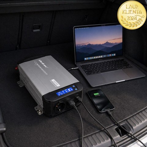 Qoltec Przetwornica napięcia Pure Sine Wave | 12V na 230V | 1000/2000W | UPS BYPASS | LCD | USB | USB-C | Kompatybilna z LiFePO4