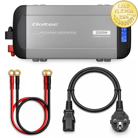 Qoltec Przetwornica napięcia Pure Sine Wave | 12V na 230V | 1000/2000W | UPS BYPASS | LCD | USB | USB-C | Kompatybilna z LiFePO4