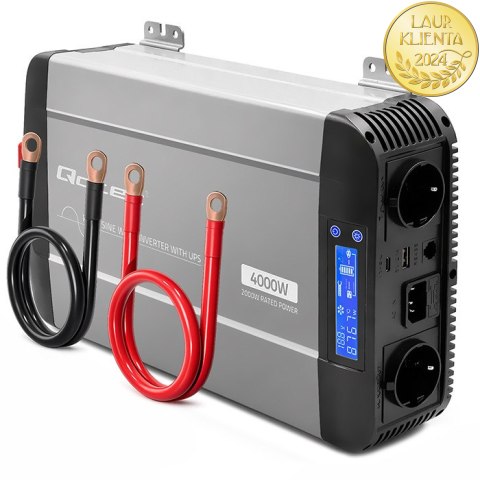Qoltec Przetwornica napięcia Pure Sine Wave | 12V na 230V | 2000/4000W | UPS BYPASS | LCD | USB | USB-C | Kompatybilna z LiFePO4