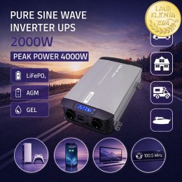 Qoltec Przetwornica napięcia Pure Sine Wave | 12V na 230V | 2000/4000W | UPS BYPASS | LCD | USB | USB-C | Kompatybilna z LiFePO4