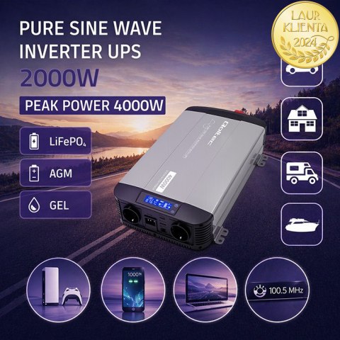 Qoltec Przetwornica napięcia Pure Sine Wave | 12V na 230V | 2000/4000W | UPS BYPASS | LCD | USB | USB-C | Kompatybilna z LiFePO4