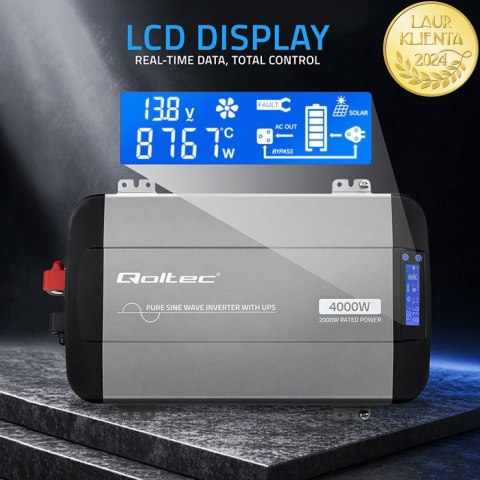 Qoltec Przetwornica napięcia Pure Sine Wave | 12V na 230V | 2000/4000W | UPS BYPASS | LCD | USB | USB-C | Kompatybilna z LiFePO4