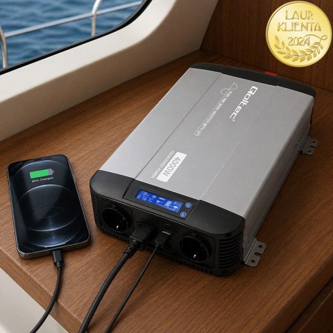 Qoltec Przetwornica napięcia Pure Sine Wave | 12V na 230V | 2000/4000W | UPS BYPASS | LCD | USB | USB-C | Kompatybilna z LiFePO4