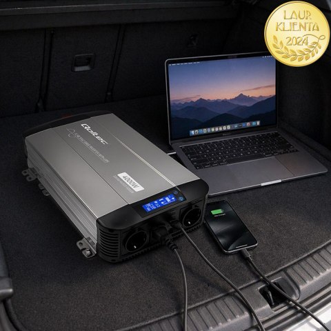 Qoltec Przetwornica napięcia Pure Sine Wave | 12V na 230V | 2000/4000W | UPS BYPASS | LCD | USB | USB-C | Kompatybilna z LiFePO4