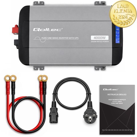 Qoltec Przetwornica napięcia Pure Sine Wave | 12V na 230V | 2000/4000W | UPS BYPASS | LCD | USB | USB-C | Kompatybilna z LiFePO4