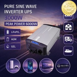 Qoltec Przetwornica napięcia Pure Sine Wave | 12V na 230V | 3000/6000W | UPS BYPASS | LCD | USB | USB-C | Kompatybilna z LiFePO4