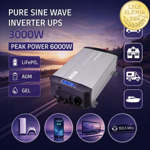 Qoltec Przetwornica napięcia Pure Sine Wave | 12V na 230V | 3000/6000W | UPS BYPASS | LCD | USB | USB-C | Kompatybilna z LiFePO4
