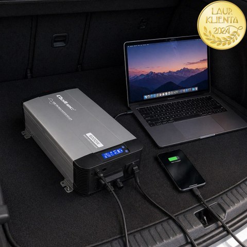 Qoltec Przetwornica napięcia Pure Sine Wave | 12V na 230V | 3000/6000W | UPS BYPASS | LCD | USB | USB-C | Kompatybilna z LiFePO4