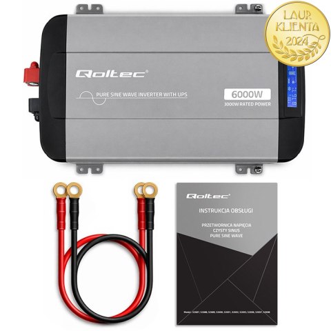 Qoltec Przetwornica napięcia Pure Sine Wave | 12V na 230V | 3000/6000W | UPS BYPASS | LCD | USB | USB-C | Kompatybilna z LiFePO4