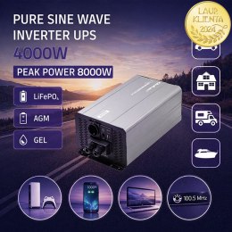 Qoltec Przetwornica napięcia Pure Sine Wave | 12V na 230V | 4000/8000W | UPS BYPASS | USB | Kompatybilna z LiFePO4 GEL AGM