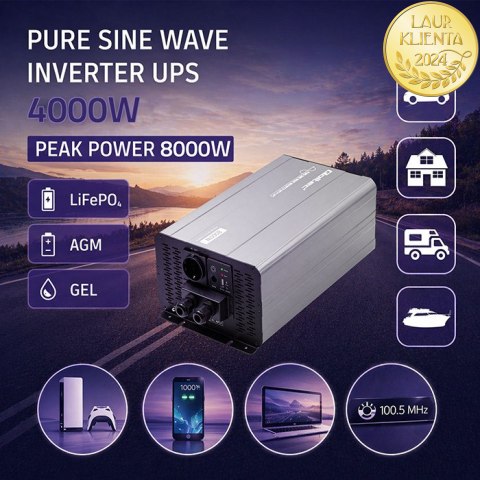 Qoltec Przetwornica napięcia Pure Sine Wave z UPS | 12V na 230V | 4000/8000W | USB | Kompatybilna z LiFePO4 GEL AGM