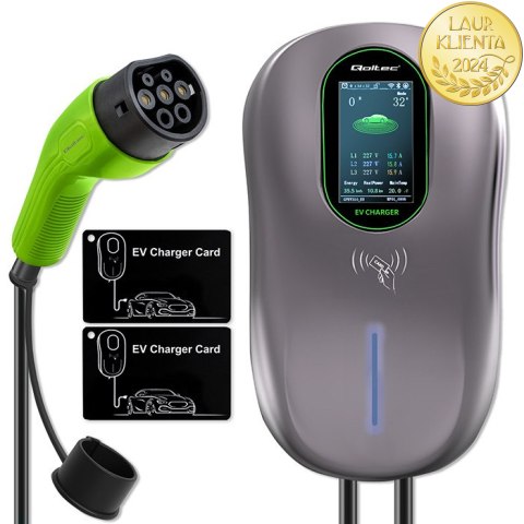 Qoltec Stacja ładowania EV Typ2 do samochodu elektrycznego i hybryd | 22kW | LCD | 2 Karty EV | 3 fazy | Wallbox | Hotel system 