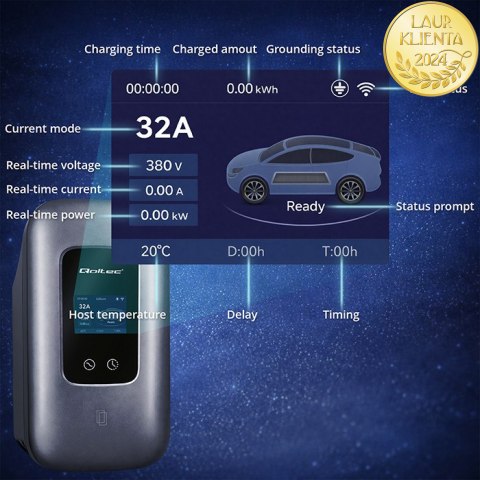 Qoltec Stacja ładowania EV Typ2 do samochodu elektrycznego i hybryd | 3 fazy | 22kW | 32A | Wi-fi | LCD | RFID | Smart life | T