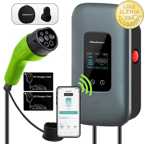 Qoltec Stacja ładowania EV Typ2 do samochodu elektrycznego i hybryd | 3 fazy | 22kW | 32A | Wi-fi | LCD | RFID | Smart life | T